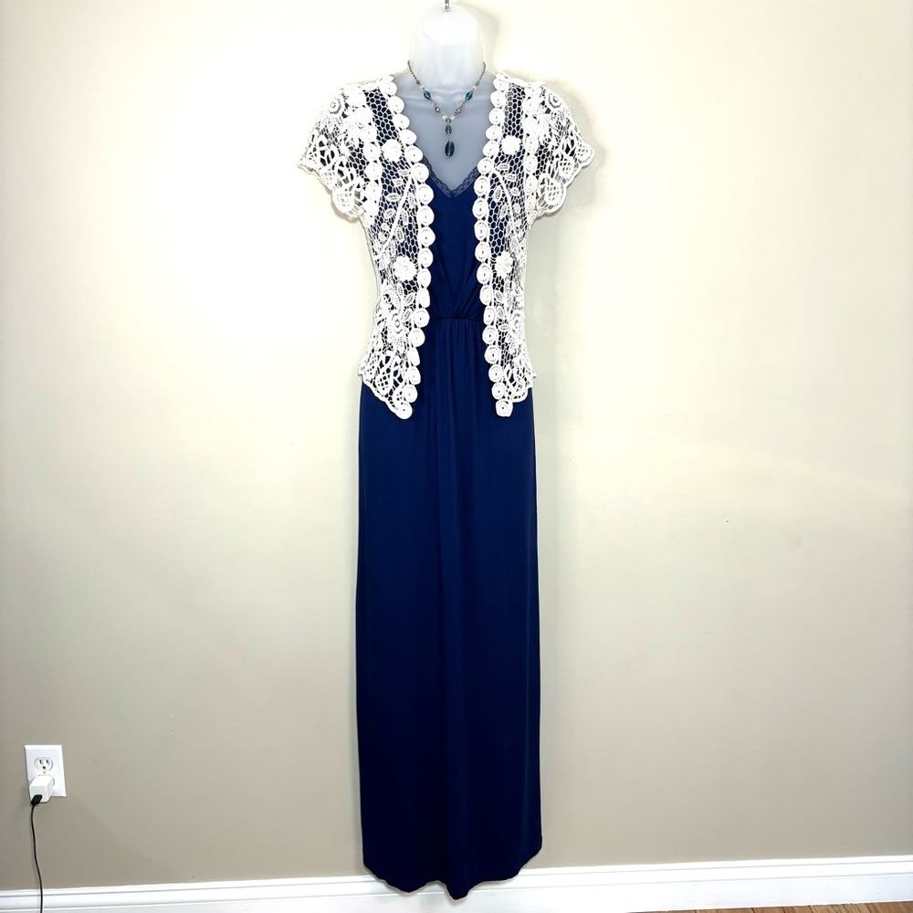 Navy Blue Maxi Dress Lace Cap Sleeves Lace Back Semi-Formal Casual - Picture 15 of 16